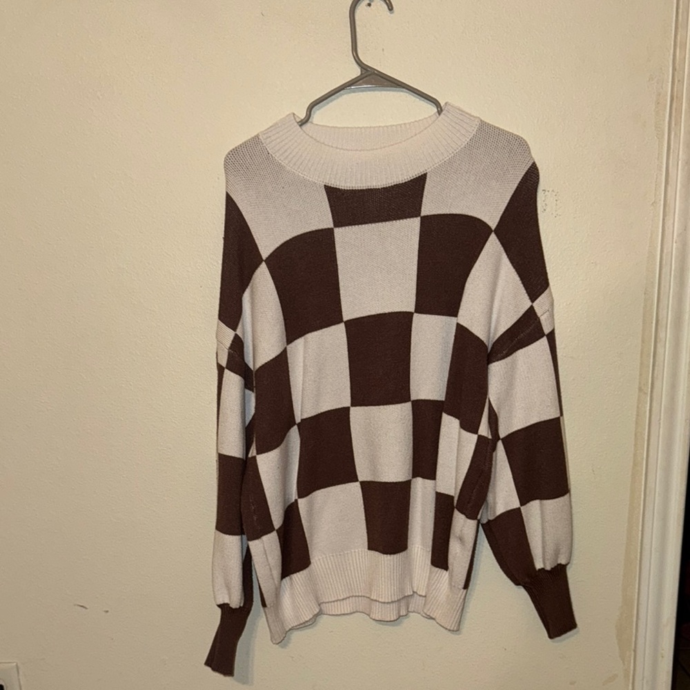 Bold Checkerboard Brown and Cream Crew Neck Sweater